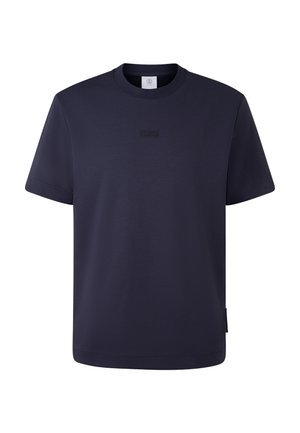 Marineblå T-shirt i blødt stof med rund hals, korte ærmer og et subtilt præget logo på brystet. Lige kantdesign.