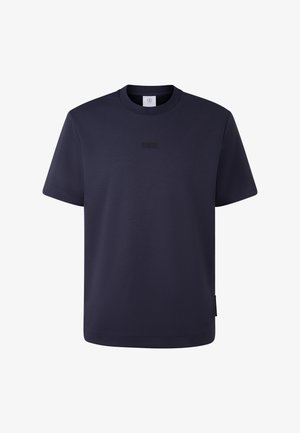 Marineblå T-shirt i blødt stof med rund hals, korte ærmer og et subtilt præget logo på brystet. Lige kantdesign.