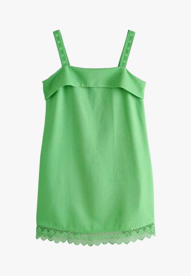 Vestito verde senza maniche con scollatura dritta, spalline in pizzo, sovrapposizione con volant e orlo in pizzo smerlato.