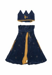 Marineblauwe fluwelen cape met gouden sterrenborduursel, voorzien van een gele binnenkant en een bijpassende kroon met een zigzagpatroon aan de bovenrand.