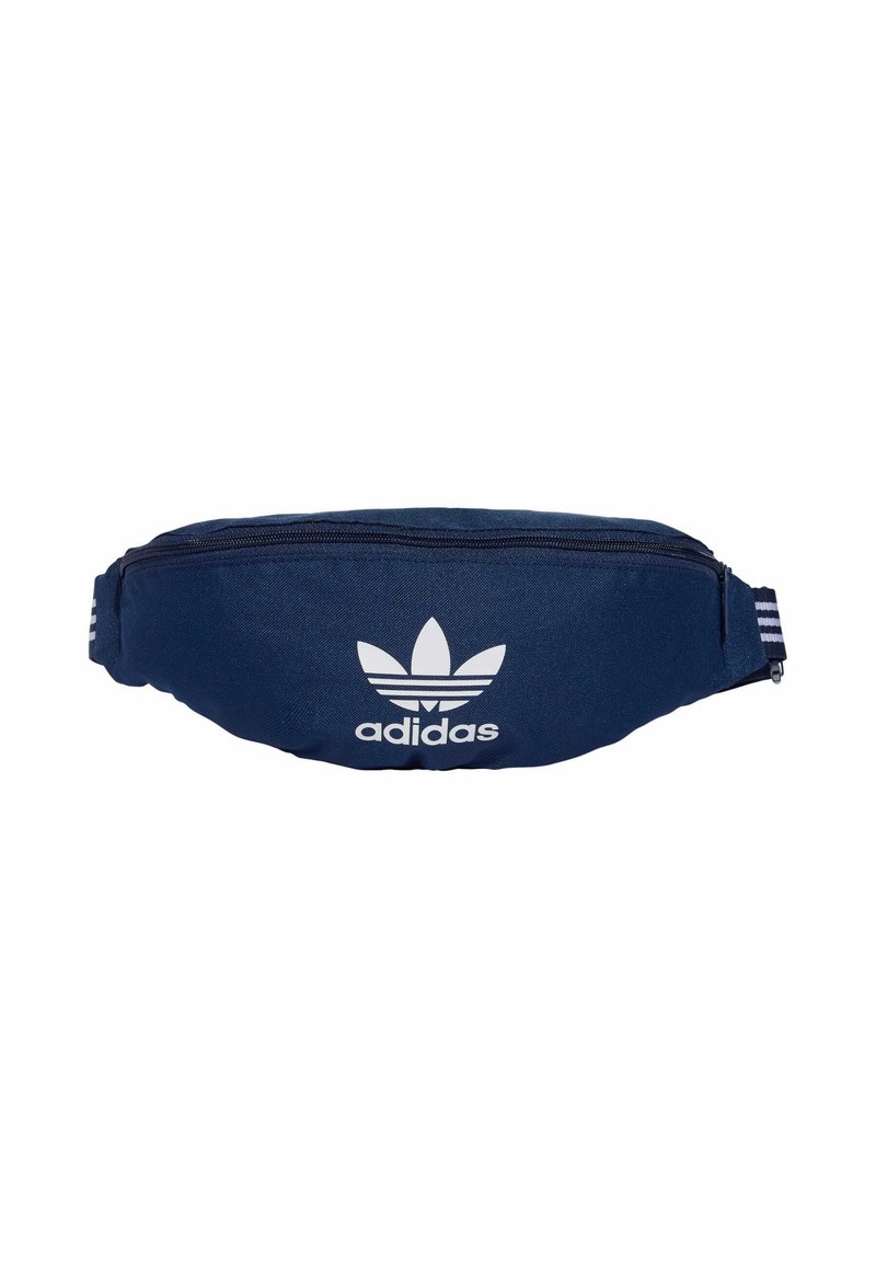Navy blue fanny pack made of durable fabric, featuring a front zipper, white Adidas logo, and striped accents on the adjustable strap.