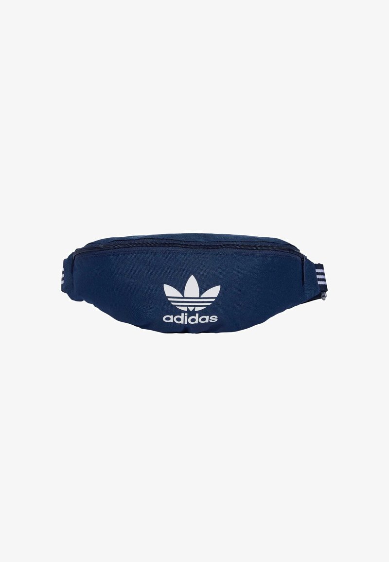 Navy blue fanny pack made of durable fabric, featuring a front zipper, white Adidas logo, and striped accents on the adjustable strap.