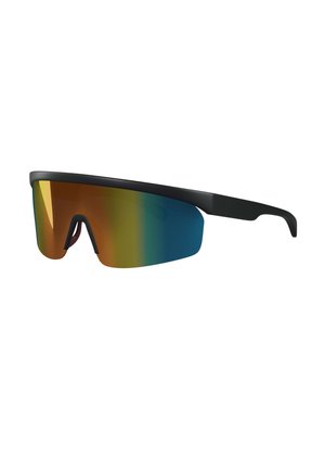 Sport-Sonnenbrille mit schwarzem Rahmen und einer großen, gebogenen Linse mit einem reflektierenden Farbverlauf von Orange zu Blau.