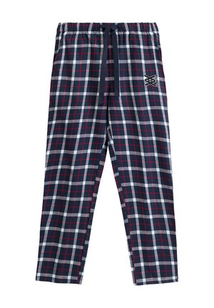 Piżamowe spodnie w kratę w kolorze granatowym, białym i czerwonym, z elastycznym pasem i sznurkiem; posiadają małe logo z boku. Materiał bawełniany.