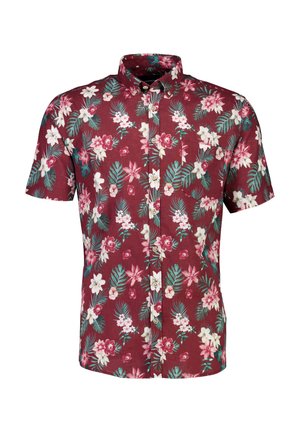 Korteærmet skjorte med knapper i bordeaux med et blomstermønster; prydet med hvide og lyserøde blomster sammen med grønne blade; lavet af bomuldsstof.