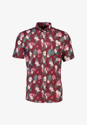 Chemise à manches courtes boutonnée en bourgogne avec un motif floral ; présente des fleurs blanches et roses entourées de feuilles vertes ; en coton.
