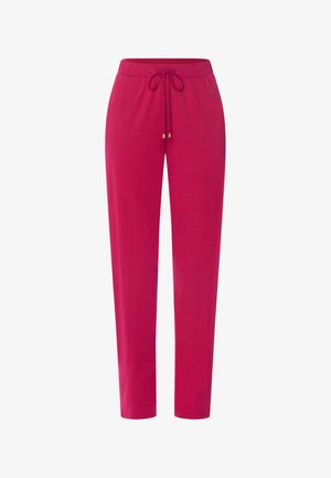 Jasnoróżowe spodnie casualowe z elastycznym paskiem i sznurkiem do wiązania, prosty krój nogawki, prezentowane na białym tle.