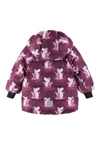 Lila Pufferjacke mit ganzflächigem Druck von pinken Cartoonfiguren, Kapuze, elastischen Bündchen und einer gesteppten Textur für Wärme.