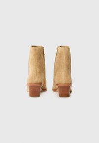 Stivaletti alla caviglia in suede beige con punta arrotondata e tacco in legno impilato. Presentano una cerniera dorata sul lato. Tessuto liscio con dettagli minimi.