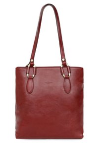 Borsa tote in pelle rossa con due manici. Presenta una texture liscia, dettagli in metallo dorato e un design minimalista.
