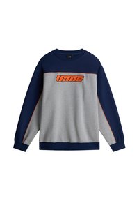 Mörkblå och grå crewneck sweatshirt i mjukt material, med en orange broderad "Vans"-logotyp över bröstet och kontrasterande sidodetaljer.