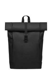 Black roll-top backpack made of durable material, featuring a buckle closure, two side pockets, and a textured finish with embossed branding.