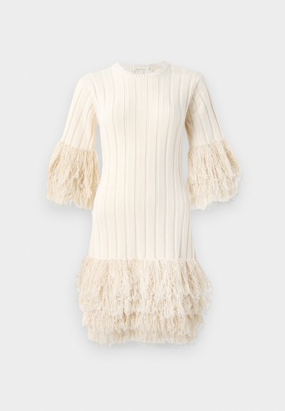 Robe tricotée en crème, présentant des côtes verticales, des manches évasées avec des détails frangés et un ourlet frangé. Texture douce avec une silhouette structurée.