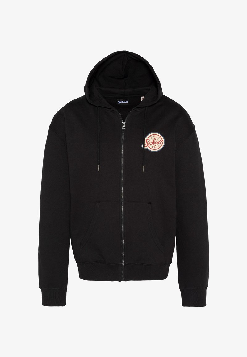 Sudadera negra con cremallera, hecha de mezcla de algodón, con bolsillo canguro, puños acanalados y un parche circular con logo en el pecho izquierdo.