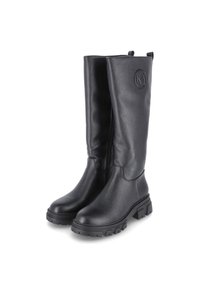 Schwarze knöchelhöhe Stiefel aus strukturiertem Leder mit einer robusten Sohle. Mit einem kreisförmigen Logo-Detail auf der Oberseite.