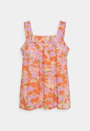 Floral top with wide straps, featuring a pink base and vibrant orange and purple flowers. Relaxed fit with gathered detailing below the chest.