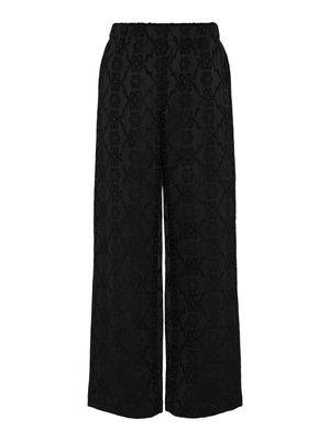 Black wide-leg pants featuring a textured pattern with floral and swirling designs, elastic waistband, and loose fit.