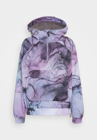 Veste légère violette et bleue à capuche avec un design à motifs et un zip demi-long. Elle possède une taille élastique et une poche frontale.