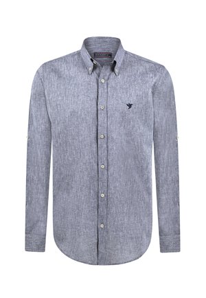 Lange mouw knoopsluiting shirt in een lichtgrijze, gestructureerde stof. Voorzien van een kraag, voorknopen en een klein geborduurd logo op de borst.