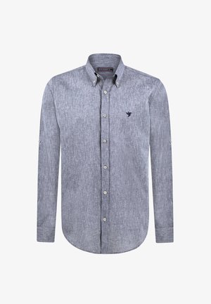 Lange mouw knoopsluiting shirt in een lichtgrijze, gestructureerde stof. Voorzien van een kraag, voorknopen en een klein geborduurd logo op de borst.