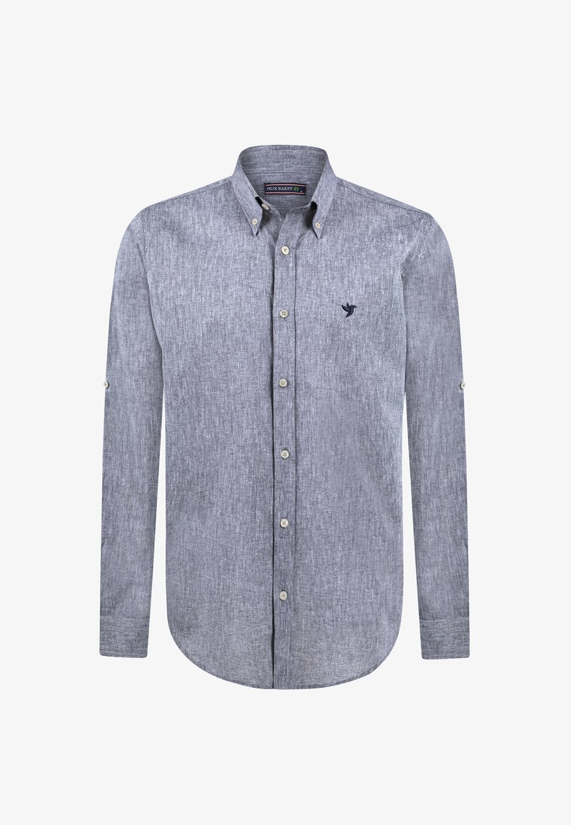 Langærmet skjorte med knapper i en lys grå, tekstureret stof. Har en krave, frontknapper og et lille broderet logo på brystet.