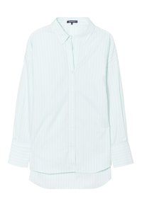 Camicia a maniche lunghe verde menta chiaro con strisce bianche verticali, colletto classico, chiusura con bottoni davanti e orlo arrotondato. Tessuto morbido.