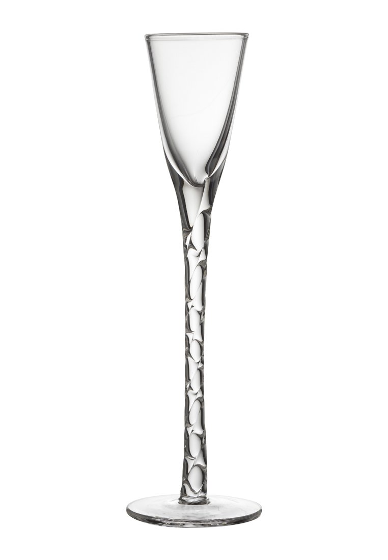 Klares, gewölbtes Sektglas mit einem hohen, gedrehten Stil und einer glatten, runden Basis, das eine dünne, elegante Silhouette zeigt.