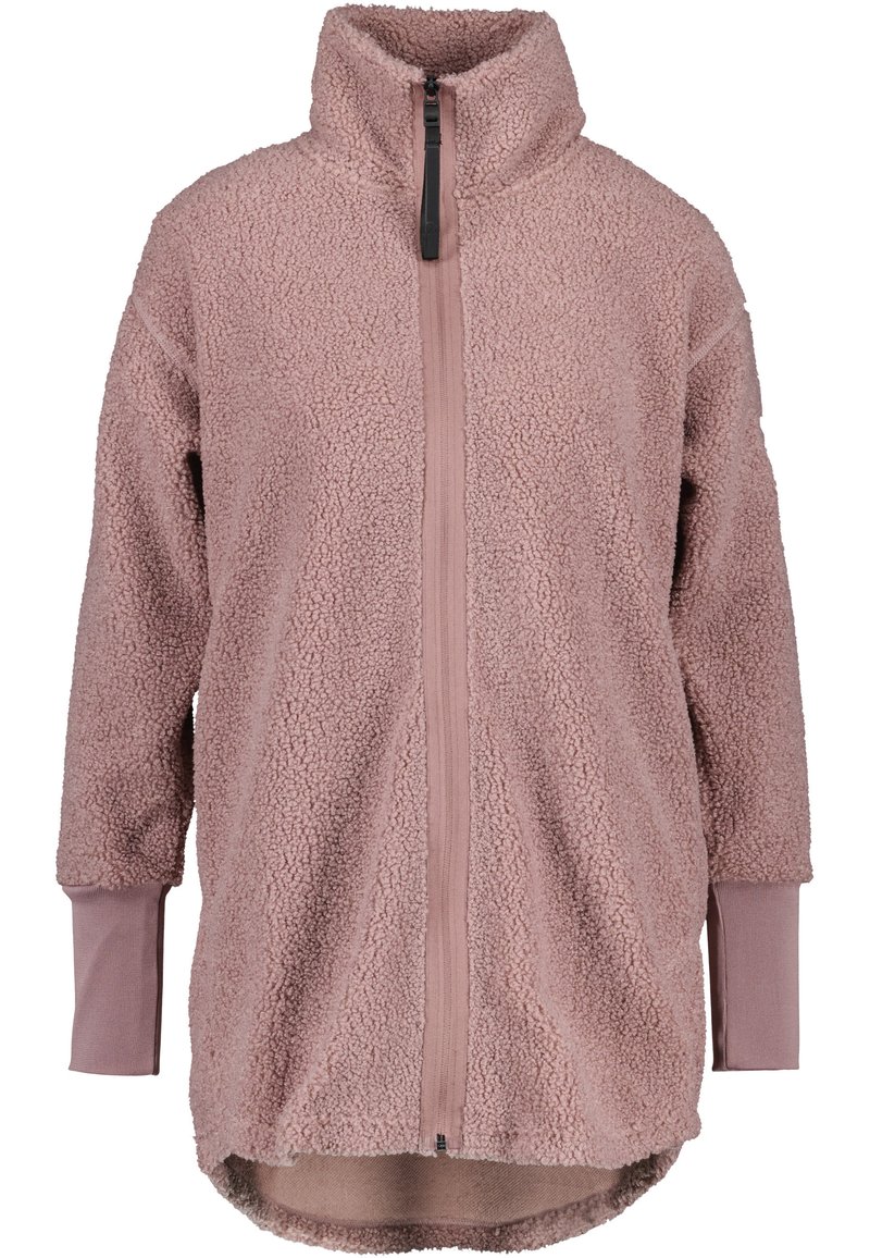 Helles Mauve Fleece-Jacke mit durchgehendem Reißverschluss, hohem Kragen, abgerundetem Saum und verlängerten Rippbündchen an den langen Ärmeln.