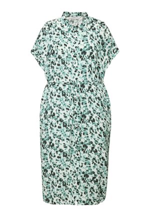Blumenkleid mit hellmintgrünem Hintergrund, dunklen grünen und schwarzen Mustern, kurzen Ärmeln, einem Kragen und einer taillierten Taille mit einem Band.