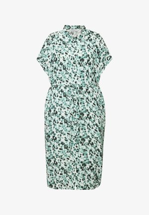 Blumenkleid mit hellmintgrünem Hintergrund, dunklen grünen und schwarzen Mustern, kurzen Ärmeln, einem Kragen und einer taillierten Taille mit einem Band.