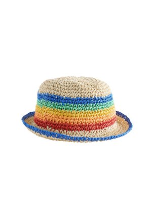Háčkovaný béžový klobúk typu bucket s farebnými horizontálnymi pruhmi v modrej, zelenej, žltej, oranžovej a červenej farbe okolo koruny a krempy.
