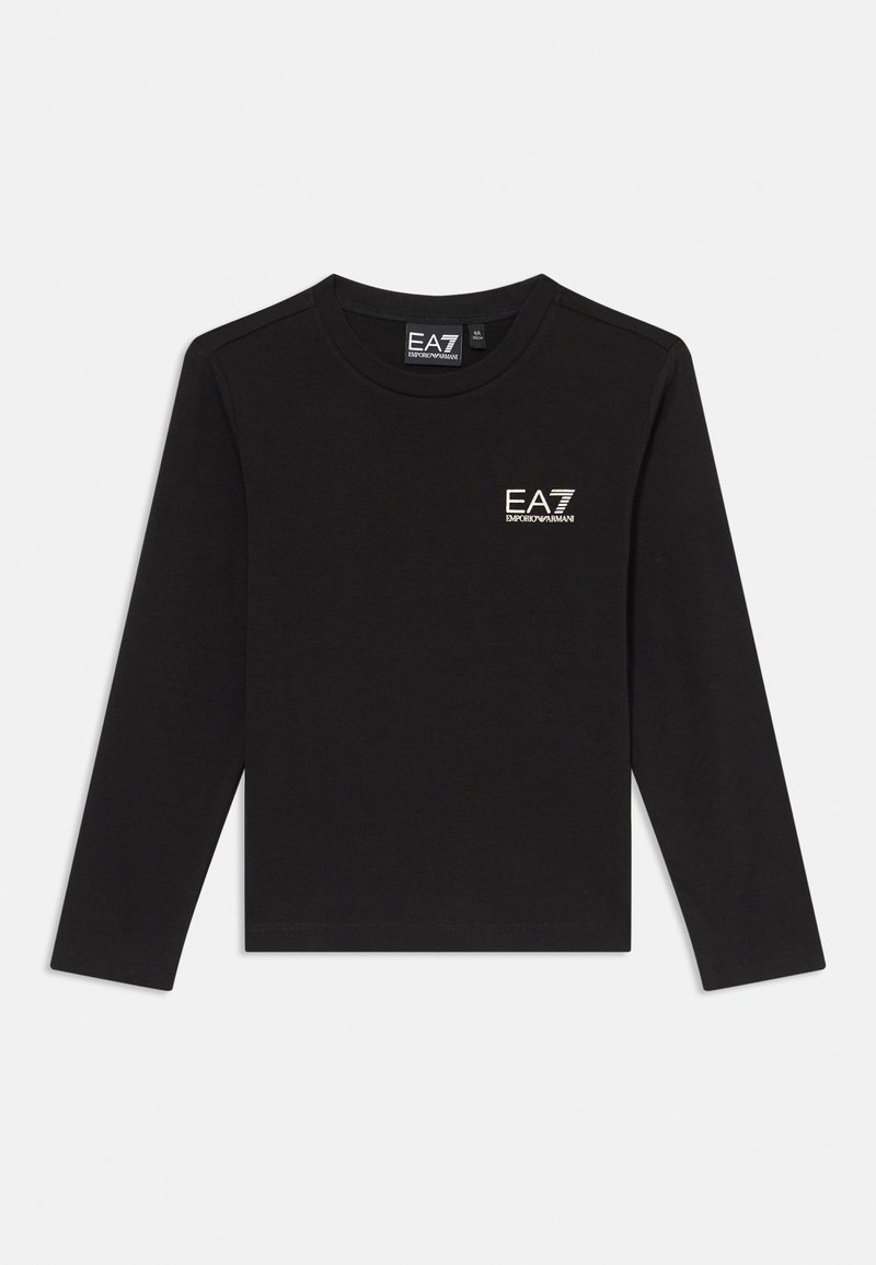 Camisola preta de mangas compridas com decote redondo e um pequeno logo EA7 em branco no lado esquerdo do peito. Feita de um material suave e leve.