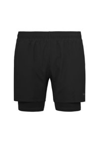 Black athletic shorts with a lightweight outer layer and fitted inner compression shorts. Features an elastic waistband and minimalist design.