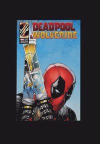 Obal komiksu s Deadpoolem, který má červenou masku s černými akcenty a drží dva kovové meče. Pozadí je modrý gradient, za ním je vidět Wolverine.