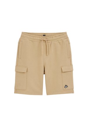 Shorts cargo beige avec taille élastique, cordon de serrage, poches latérales et petit logo d'oiseau sur la jambe droite inférieure.