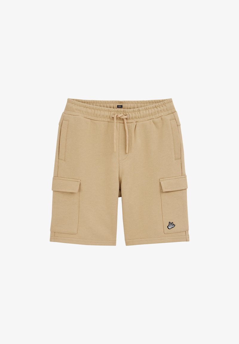 Shorts cargo beige avec taille élastique, cordon de serrage, poches latérales et petit logo d'oiseau sur la jambe droite inférieure.