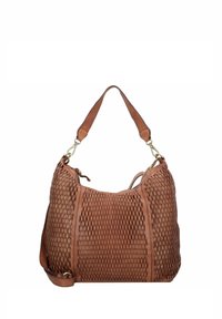 Borsa in pelle marrone con un design a rete caratterizzato da fori ovali, forma strutturata e tracolla removibile con hardware color oro.