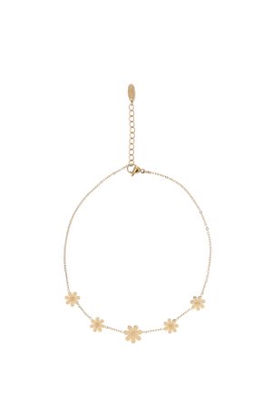 Tykt guldkædearmbånd med fem jævnt placerede små guldblomstercharms og en justerbar lås.