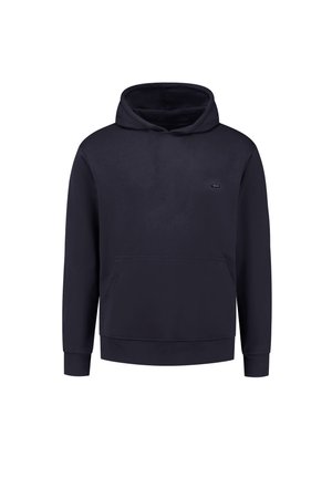 Dunkelblauer Hoodie aus weichem Stoff, mit einer Vordertasche, langen Ärmeln und einer Kapuze mit Kordelzug. Minimales Logodesign auf der Brust.