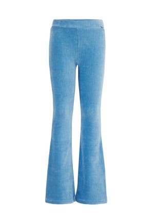 Pantalones de pana azul acampanados con canalé vertical, cintura elástica, textura suave y una silueta fluida que se extiende por debajo de la rodilla.