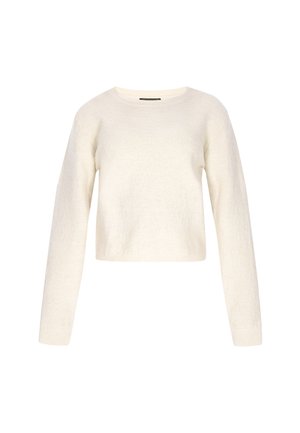 Cremefarvet sweater med lange ærmer, rund halsudskæring og en cropped design. Fremstillet af et tekstureret materiale med subtile mønsterdetaljer.