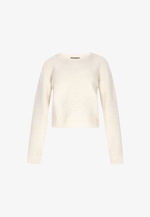 Suéter crema con mangas largas, escote redondo y un diseño cropped. Fabricado con un material texturizado con sutiles detalles de patrón.