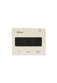 Tre par svarta kortkalsonger i en märkt låda. Innehåller delikata svarta rosetter på varje par, med en mjuk textur och material av ekologisk bomull.