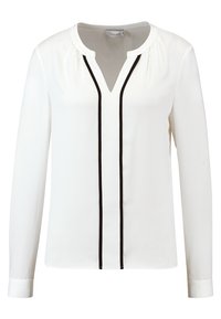 Valkoinen pitkähihaisen paita, jossa on V-muotoinen kaula-aukko ja mustia pystysuoria viiruja, jotka kulkevat kaula-aukolta helmaan.