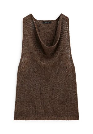 Brun strikket ærmeløs top med en cowl halsudskæring, lavet af et let, tekstureret garn. Enkel design, løs pasform og ingen synlige hardware.