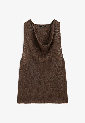 Brun strikket ærmeløs top med en cowl halsudskæring, lavet af et let, tekstureret garn. Enkel design, løs pasform og ingen synlige hardware.