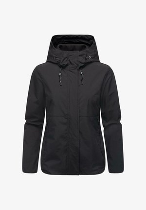 Black waterproof jacket with a hood, adjustable drawstrings, zippered side pockets, and a smooth texture. Simple, functional design.
