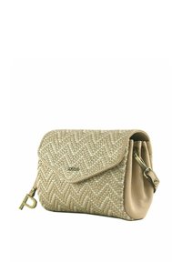 Borsa a tracolla beige tessuta con motivo a spina di pesce, dotata di un lato in pelle liscia, patta pieghevole e hardware in tonalità dorata.