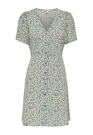Zelena haljina kratkih rukava s bijelim cvjetnim uzorkom, V-izrezom, kopčanjem na gumbe sprijeda i blago naboranim ramenima.