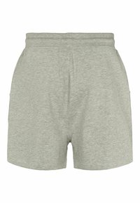 Shorts décontractés gris clair avec une ceinture élastique et des poches latérales, faits en tissu tricoté doux.